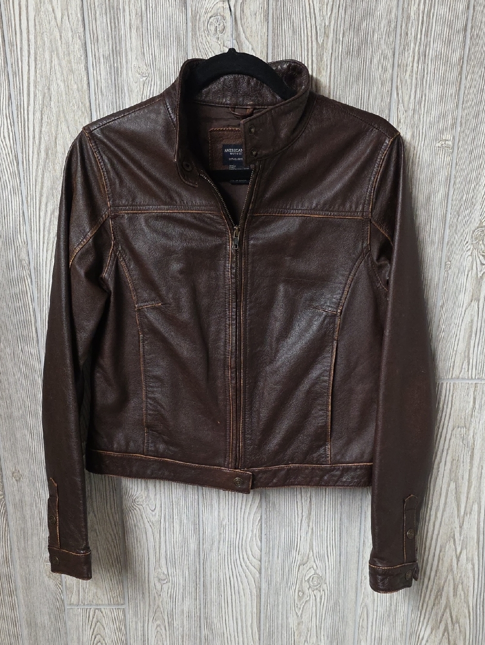 American Eagle Brown Leather Cropped Y2K Moto Jacket Womens Size Mediuim